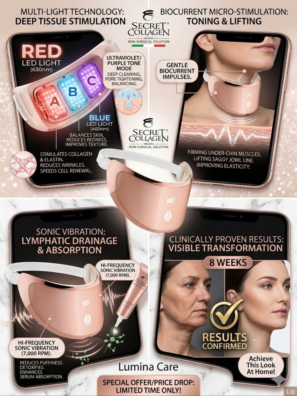 Secret Collagen Lumina Care Neck Rejuvenation Device ULTRA LED Anti Aging NIB
